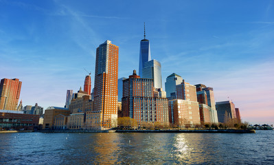 Naklejka premium Sunset dusk view of the Battery Park City in New York