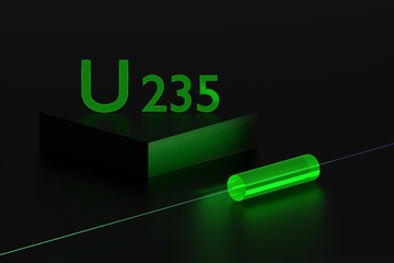 Concept illustration of fluorescence properties of uranium isotope u 235. Uranium cylinder glowing in the dark. 3d illustration. © dariaren