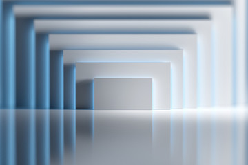 Abstract background with white rectangle shapes illuminated by blue light over shiny reflective surface. 3d illustration.