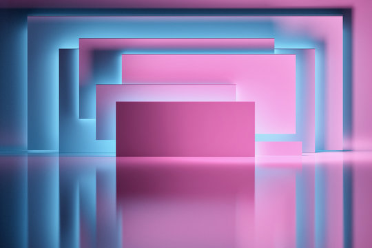 Abstract Background With Pink Panels Or Rectangle Shapes Illuminated By Blue Light Over Shiny Reflective Surface. Room Space With Geometric Primitive Shapes. 3d Illustration.