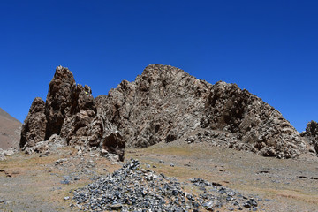 Landscapes of the Tibetan plateau in June. Rocky shores of Nam Tso lake