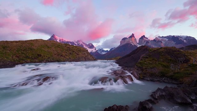 4K Video time lapse of beautiful view of Salto Grande waterfall in Torres del Paine national park