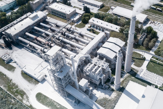 Cement production, plant for burning cement mix. Aerial photography