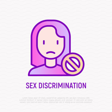 Sex discrimination thin line icon: sad woman with stop sign. Modern vector illustration.