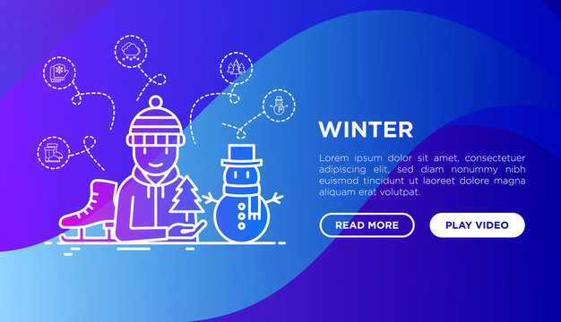 Winter concept: man in knitted hat with skates and snowman. Thin line icons: mittens, snowflake, forest, snowfall. Modern vector illustration, web page template on gradient background.