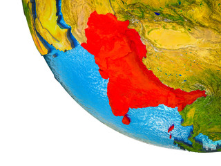 SAARC memeber states on model of Earth with country borders and blue oceans with waves.
