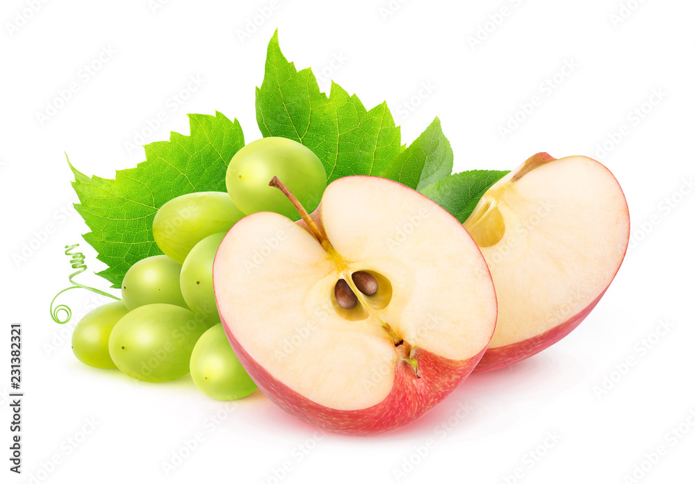 Poster isolated fruits. cut red apple and bunch of white grapes isolated on white background with clipping 