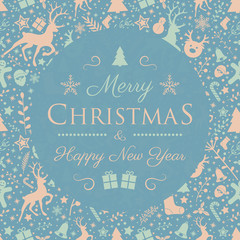 Christmas and New Year greeting card with text and decorations. Vector.