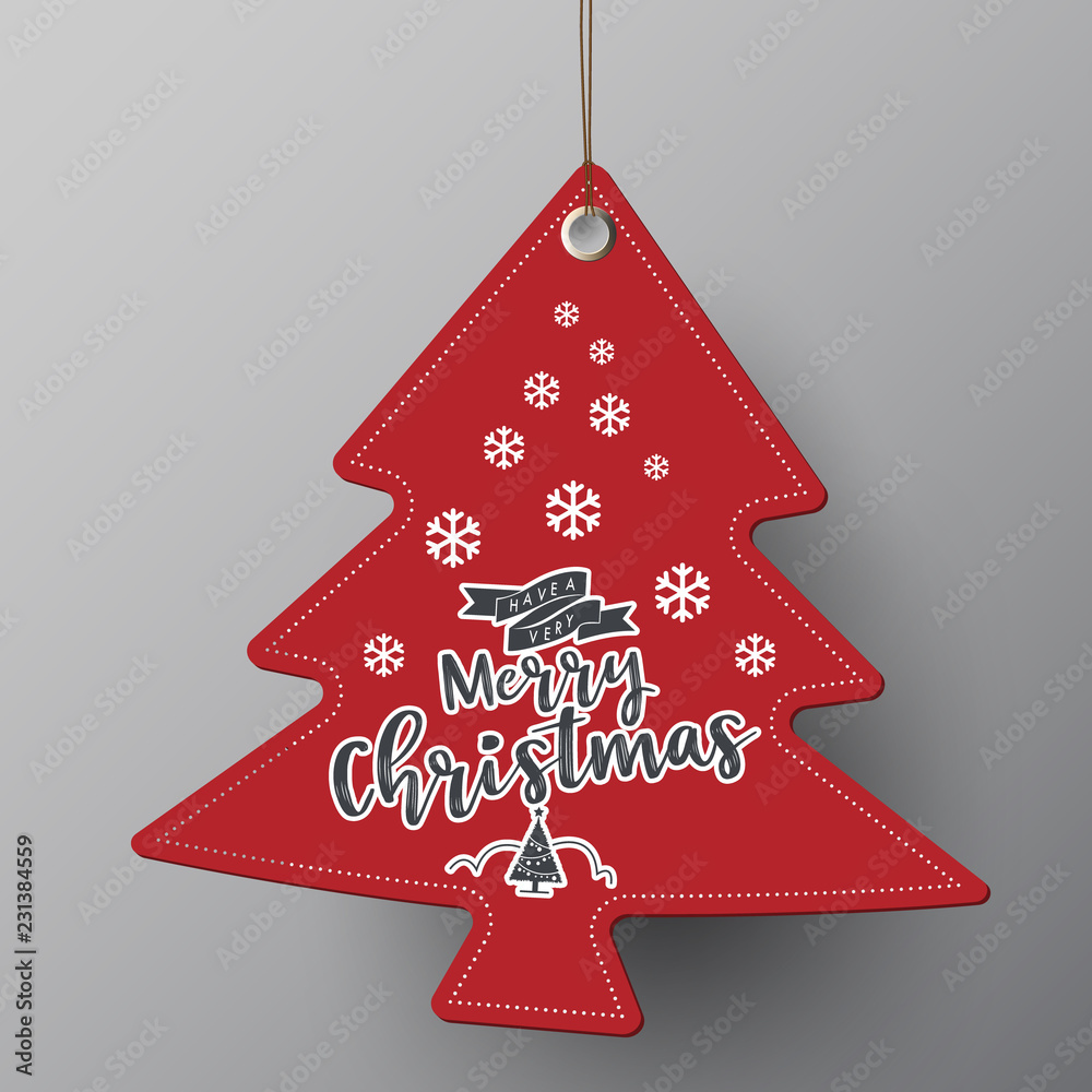 Poster Red Christmas sale paper tags vector set with different shapes and ornaments elements in red colour hanging with discount text for christmas holiday shopping promotion. 