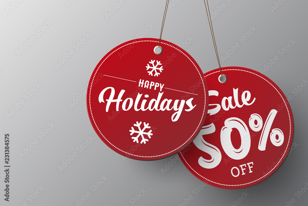 Poster Red Christmas sale paper tags vector set with different shapes and ornaments elements in red colour hanging with discount text for christmas holiday shopping promotion. 