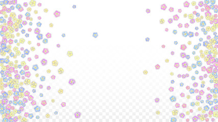 Vector Realistic Colorful Petals Falling on Transparent Background.  Spring Romantic Flowers Illustration. Flying Petals. Sakura Spa Design. Blossom Confetti. Design Elements for Wedding Decoration.