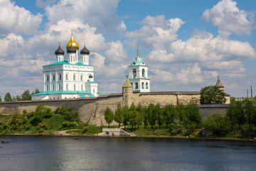 The City Of Pskov. Golden dome of Trinity Cathedral in the sun