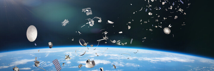 space junk in Earth orbit, dangerous debris orbiting around the blue planet © dottedyeti