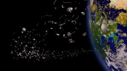 space junk in Earth orbit, dangerous debris orbiting around the blue planet © dottedyeti