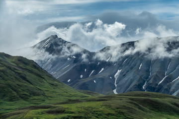 Denali national park mountains view under the clouds, Alaska