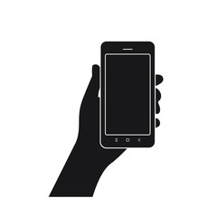 Hand hanging smartphone symbol icon on the white background black silhoette