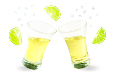 Glasses of tequila liquor on a white background