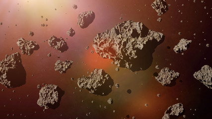 a group of asteroids lit by the golden Sun, asteroid belt space scene 