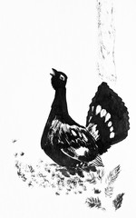 Capercaillie near the tree. Black and white ink drawing - 231387332