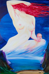 Naked girl with an Apple against the sky. This painting is an allegory. - 231387711