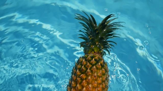 Pineapple Floating In blue Water In Swimming Pool. Healthy Raw Organic Food. Juicy Fruit. Vegetarian, Vegan Nutrition, Vitamins, Diet, summer holidays, vacation concepts. Exotic tropical background