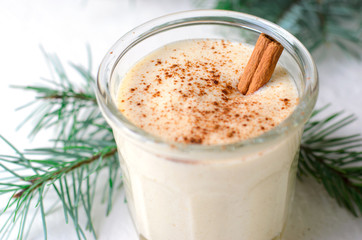 Eggnog, Traditional Christmas Drink, Cocktail with Cinnamon and Nutmeg for Winter Holidays