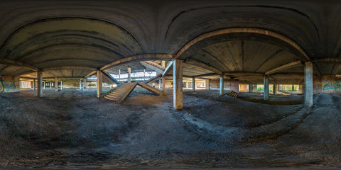 Full spherical seamless panorama 360 degrees angle view concrete structures stairs abandoned...
