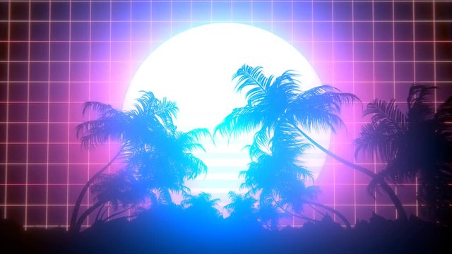 Retro-futuristic 80s synthwave sun and palm trees grid background. Perfectly seamless looped opener animation.