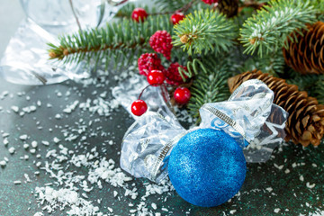 Fototapeta na wymiar Christmas background with Christmas Blue Ball and snow. Copy space.