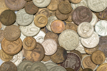 Soviet coins, rubles and pennies of yellow and white metal, a large clan, a scattering