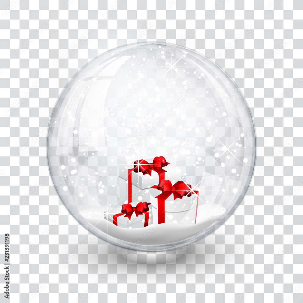 Wall mural snow globe ball with gift boxes realistic new year chrismas object isolated on transperent backgroun