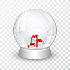snow globe ball with gift boxes realistic new year chrismas object isolated on transperent background with shadow, vector illustration