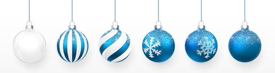 Transparent and Blue Christmas ball with snow effect set. Xmas glass ball on white background. Holiday decoration template. Vector illustration