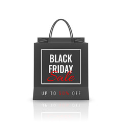 Black Friday Sale. Realistic Paper shopping bag with handles isolated on white background. Vector illustration