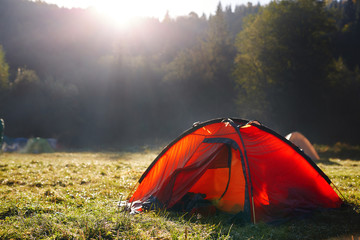 red tent on a green grass in a green pine woods in fall at foggy morning. Autumn weekend forest hiking with tents. Camping and tent under the pine forest © vitaliymateha