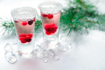 Cranberry Cocktail with Ice On White Background and Pine Tree Branches