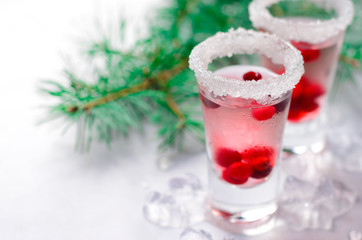 Cranberry Cocktail with Ice On White Background and Pine Tree Branches