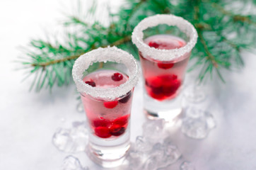 Cranberry Cocktail with Ice On White Background and Pine Tree Branches
