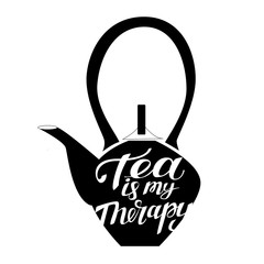 Tea is my therapy. Hand drawn typography poster with doodle elements. 