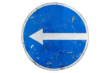Scratched bent round blue road sign 'Turn Left' isolated on white