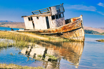Mirror image of landmark shipwreck of the Point Reyes in Inverness, CA (USA)
