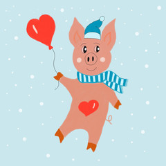 Funny pig with heart balloon on blue snow background illustration drawn by hand. Digital painting