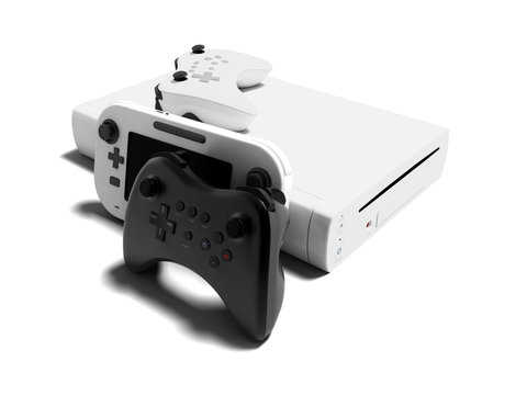Modern white joysticks with video game console and portable game console right view 3d render on white background with shadow