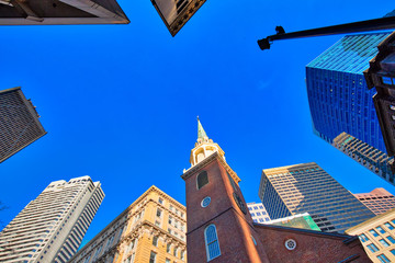 Boston downtown streets near Old State House at sunset