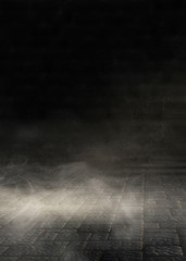 Background of an empty dark-black room. Empty brick walls, lights, smoke, glow, rays
