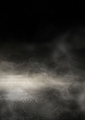 Background of an empty dark-black room. Empty brick walls, lights, smoke, glow, rays