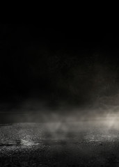 Background of an empty dark-black room. Empty brick walls, lights, smoke, glow, rays