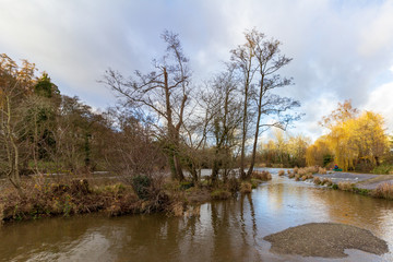 Winter view of the River Teme that flows through the village of Ludlow in England