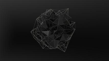 3D illustration of a black crystal of irregular shape, low polygonal abstract figure, on a black background. Futuristic design. 3D rendering