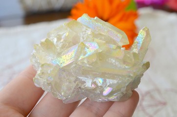 White Angle Aura Quartz Cluster! Beautiful light angle titanium druzy Crystal Cluster. Titanium Bismuth silicon healing crystal with Rainbows!